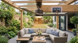 Low-profile flush-mount ceiling fan fitted snugly against a timber pergola roof on a compact patio.
