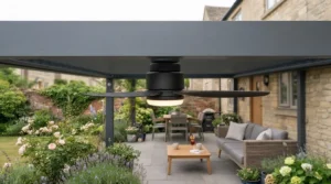 Low-profile flush mount ceiling fan installed on a low-clearance veranda roof structure