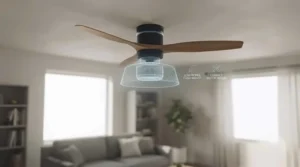 Low-profile flush mount smart ceiling fan designed specifically for rooms with standard UK ceiling heights.