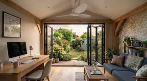 Low-profile flush-mount ceiling fan designed specifically for summer houses with lower ceiling heights.