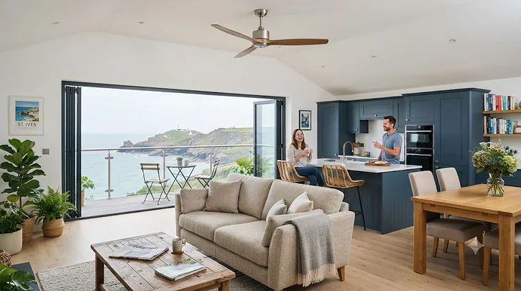 Modern marine grade ceiling fan installed in a British coastal home living room overlooking the sea. marine grade ceiling fans for coastal homes