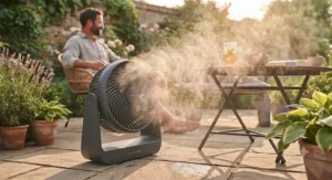 A high-velocity misting fan refreshing a sunny patio during a heatwave.