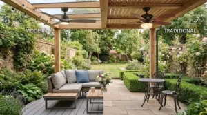 Comparison of sleek contemporary and classic timber-bladed ceiling fans suitable for UK patio installations.