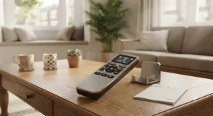 Close-up of a modern remote control adjusting speed and lighting settings on a budget-friendly ceiling fan.