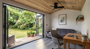 Sleek, black modern ceiling fan fitted in a contemporary insulated garden room with large bi-fold doors.