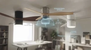 Selection of contemporary smart ceiling fan designs in matte black and wooden finishes suited to UK interior trends.
