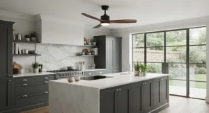 IP44 moisture-resistant ceiling fan operating safely in a contemporary British kitchen.
