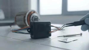 Hand holding a smart remote control for adjusting an outdoor ceiling fan's speed and light.