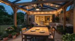 Contemporary black outdoor ceiling fan with warm integrated LED lighting illuminating an evening patio table.