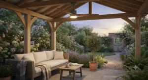 Weatherproof IP44 ceiling fan installed on a covered outdoor patio or gazebo in a British garden.