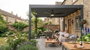 Stylish UK patio setup featuring outdoor seating and a cooling ceiling fan for warm summer days