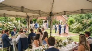 Portable fans installed in a large wedding marquee to keep guests comfortable in warm weather.