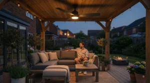 An illuminated outdoor ceiling fan with an integrated LED light casting a warm glow over a patio seating area at dusk.