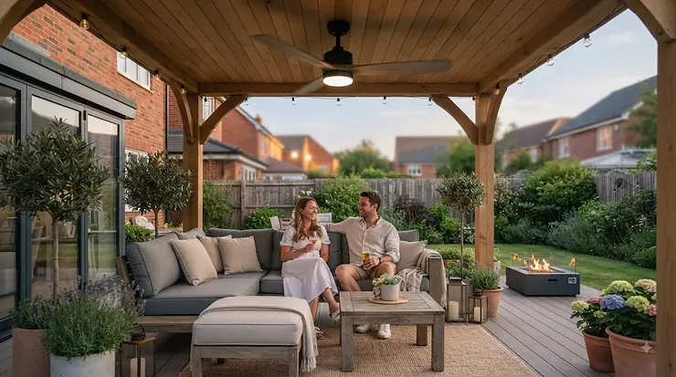 A stylish outdoor patio ceiling fan installed beneath a covered timber pergola in a modern British garden, providing gentle airflow on a warm summer evening. patio ceiling fans