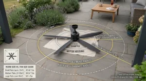 Diagram and visual guide showing correct blade span proportions for different garden pergola sizes