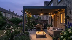Illuminated outdoor ceiling fan with integrated LED lights providing warm evening lighting under a garden gazebo