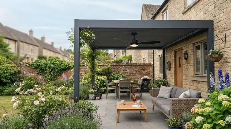 Modern pergola ceiling fan installed on a wooden garden patio in a British back garden pergola ceiling fans