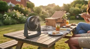 Rechargeable cordless outdoor dining fan sitting on a wooden picnic bench.