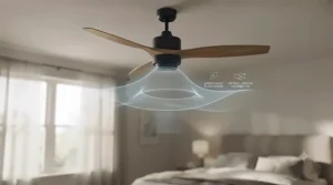 Ultra-quiet DC motor smart ceiling fan installed in a stylish bedroom for undisturbed sleep during summer.
