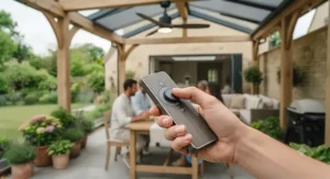 Hand holding a smart remote control adjusting the airflow speed of an outdoor dining area ceiling fan.
