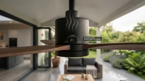 Detailed view of a reversible motor switch on an IP44 rated outdoor fan for year-round climate control.