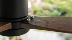 Close-up of durable, weather-proof blades on an IP44 outdoor ceiling fan designed for coastal British homes.