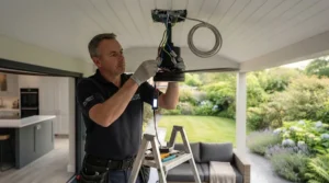 Qualified electrician securely wiring a weather-sealed IP44 ceiling fan junction box under an exterior roof overhang.
