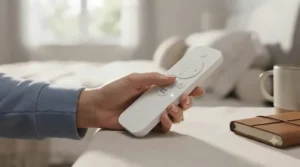 Hand holding a remote control adjusting the speed settings on a whisper-quiet ceiling fan.