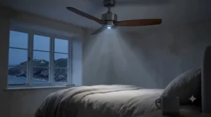 Quiet DC motor marine grade ceiling fan providing gentle cooling in a seaside bedroom.