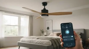 Close-up of a smartphone app adjusting smart ceiling fan settings and automated schedules for energy efficiency.