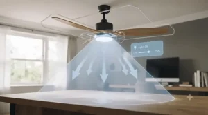 Smart ceiling fan featuring an integrated, dimmable LED light providing adjustable illumination for British homes.