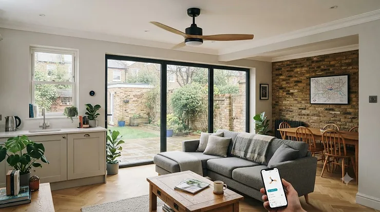 Modern smart ceiling fan installed in a contemporary UK living room, controllable via smartphone app and voice assistant. smart ceiling fans