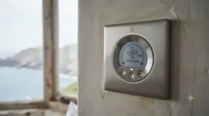 Smart remote control for adjusting airflow on marine grade ceiling fans in seaside homes.