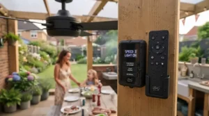 Hand holding a waterproof wall controller and remote used to adjust airflow speeds and integrated lighting for an alfresco dining area fan.