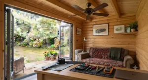 Person adjusting a garden room ceiling fan speed using a modern handheld remote control.