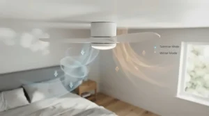Diagram demonstrating the summer cooling and winter heat-recirculation reverse modes of a bedroom ceiling fan.