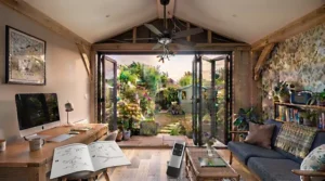 Step-by-step visual guide showing safe electrical wiring and bracket installation for a ceiling fan in a wooden garden room.