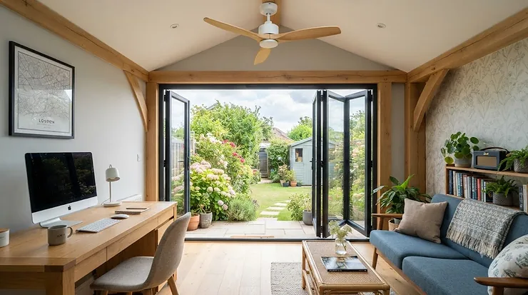 Modern wooden summer house interior featuring a stylish white ceiling fan, perfect for keeping garden rooms cool during warm British summers. summer house ceiling fans