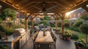 A classic bronze-finished patio ceiling fan with textured glass light fixtures mounted in a traditional conservatory.
