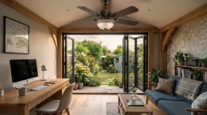 Traditional ceiling fan with an integrated light kit, ideal for illuminating a timber garden room in the evening.