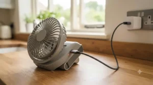 A USB-rechargeable portable fan being charged for a weekend camping trip.