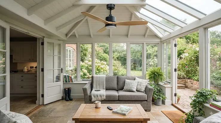 Modern waterproof ceiling fan with IP54 rating and remote control, installed on a British patio ceiling. waterproof ceiling fan IP54 with remote