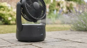 Durable and weather-resistant battery-powered gazebo fan designed for outdoor British garden use.