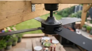 Close-up of a damp-rated outdoor ceiling fan motor housing with sealed blades, designed to withstand unpredictable British weather conditions.