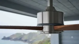 Weather-resistant outdoor ceiling fan with protective sealing for British coastal porches and verandas.