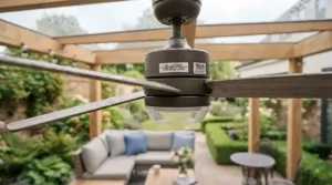 Close-up of a damp-rated outdoor ceiling fan engineered to withstand British weather conditions.