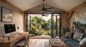 Damp-rated outdoor ceiling fan installed in a semi-open veranda or uninsulated garden summer house.