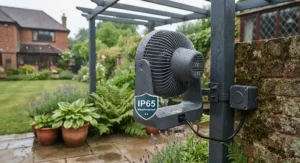 Close-up of an IP-rated weatherproof outdoor fan built for British weather conditions.