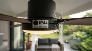 Infographic diagram explaining IP44 water resistance certification for outdoor lighting and ceiling fans against splashes.