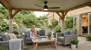 White IP54 rated outdoor ceiling fan fitted in a bright British home conservatory.